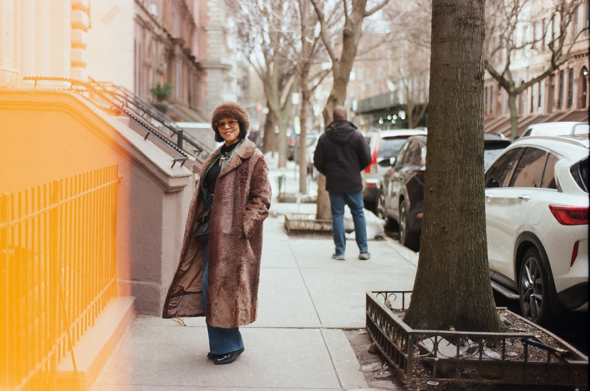 The curator of Mildred's Trove in a sable faux-fur coat and matching hat